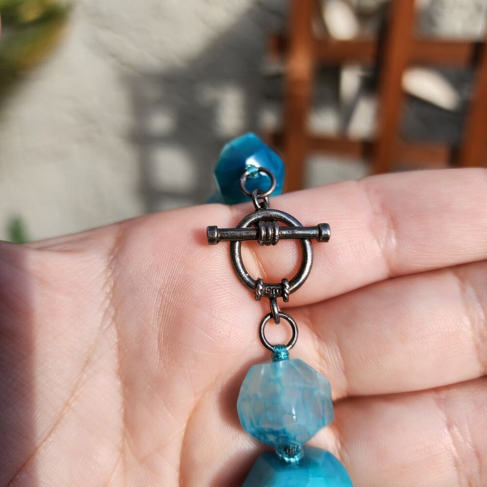 Lucas Lameth Blue Dragon Vein Agate Necklace LUC 925 Chunky Faceted Large Bead - Picture 6 of 11